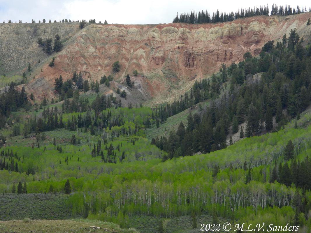 We saw this large high red and white cliff when parked near the bridge over North Piney Creek.